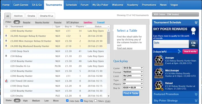 Sky Poker tournaments lobby