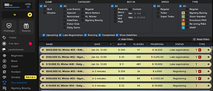 lobby de torneios 888poker
