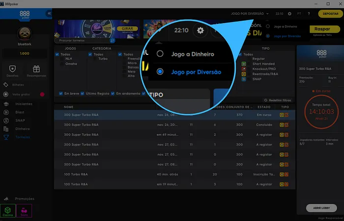 Onde encontrar opção de dinheiro fictício na 888poker.pt