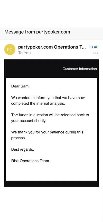 The message from partypoker announcing the completion of his account review.