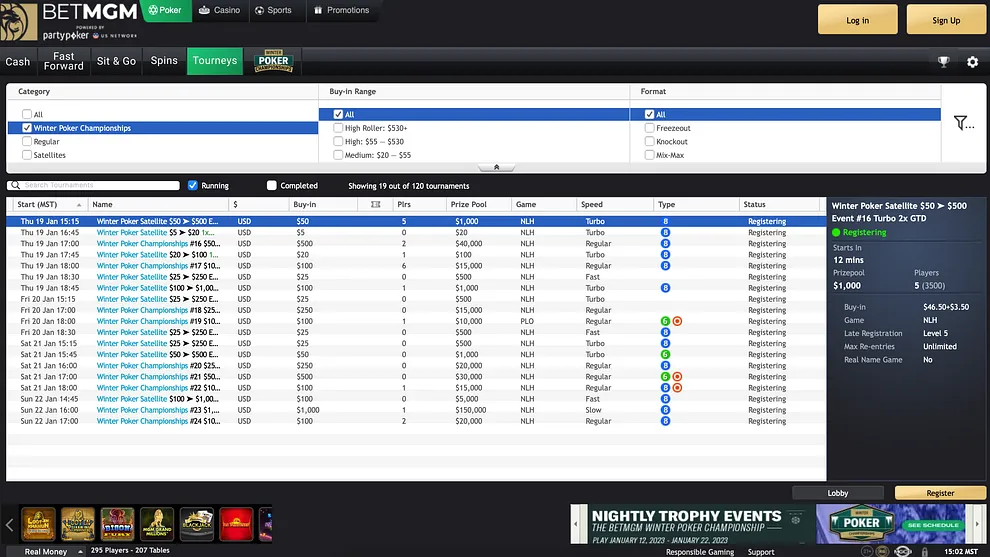 BetMGM Poker MI tournament lobby