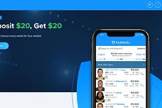 The FanDuel homepage displays the ad about the Fanduel app and the sports betting promotion