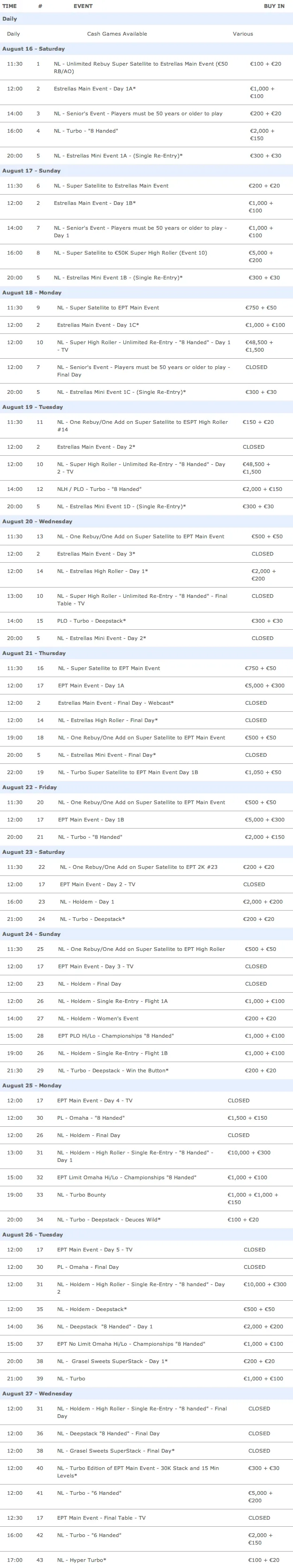 EPT Barcelona 2014 Full Schedule