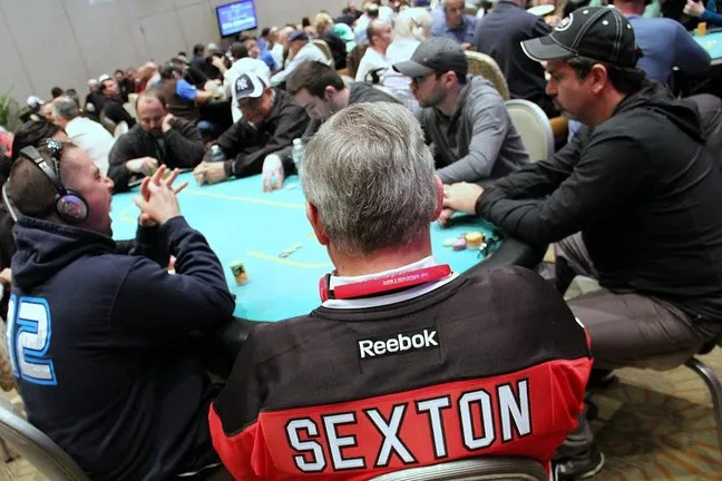 Mike Sexton and his Devils Jersey on Day 1b of the 2014 WPT Borgata Winter Poker Open Main Event