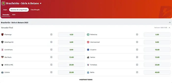 Odds do brasileirão na Betano