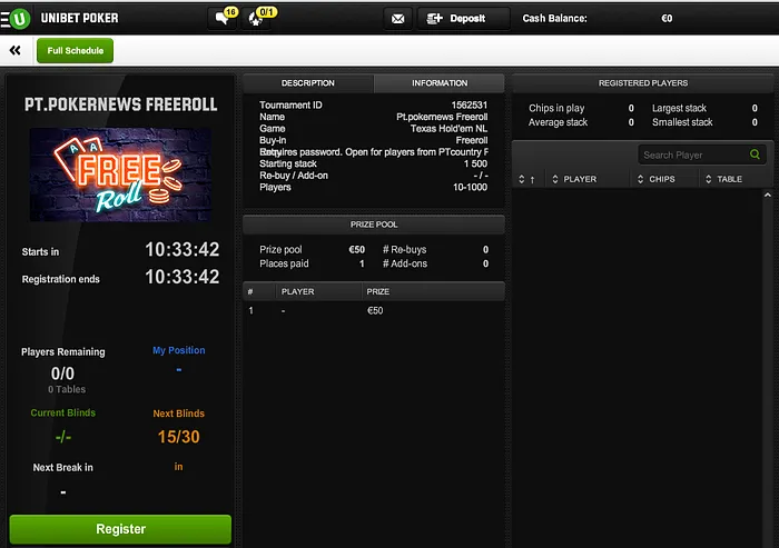 Hoje às 17:00 Freeroll €50 no Unibet Poker 101