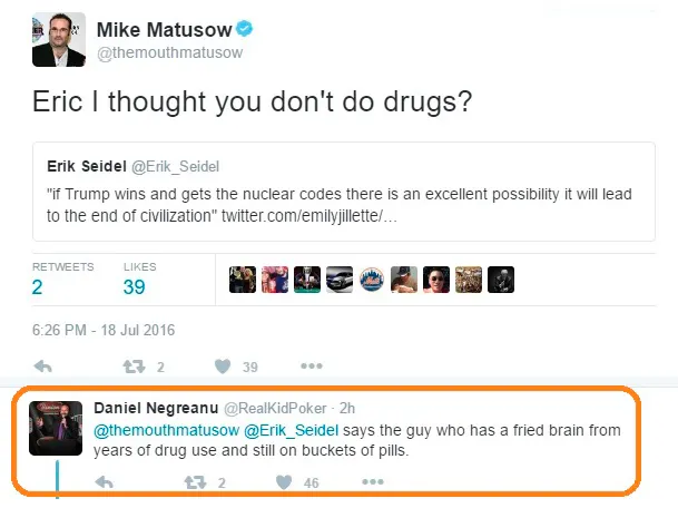 "Diz o gajo que tem o cérebro todo queimado" diz Negreanu sobre Matusow 101