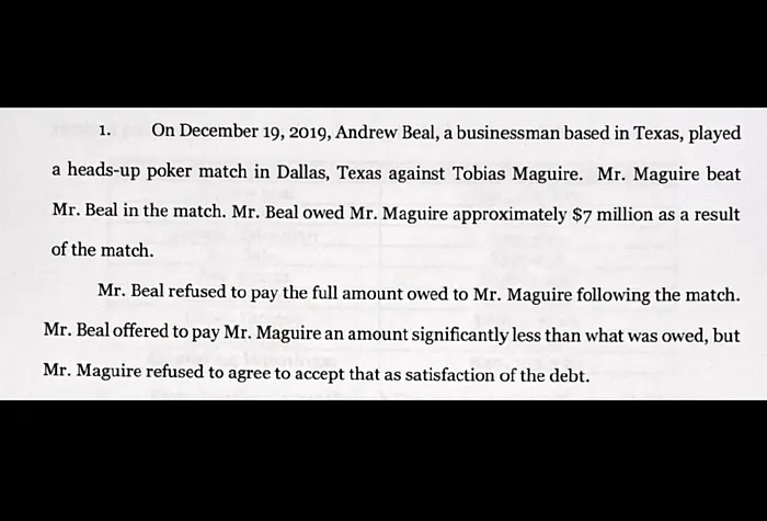 A court document about Tobey Maguire and Andy Beal's heads-up match