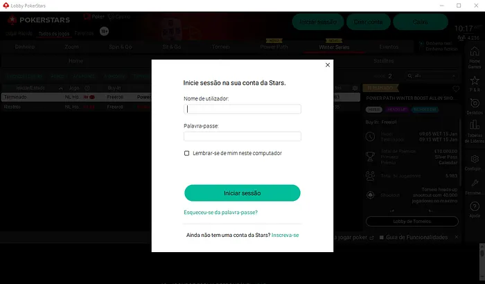 Janela de login do software da PokerStars.pt