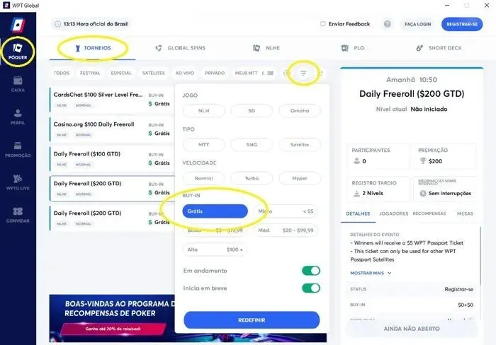 freerolls no lobby do WPT Global