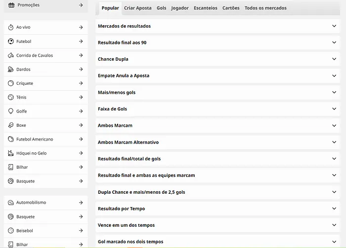 Mercados apostas Betfair