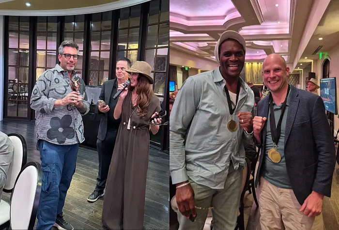 Shannon Elizabeth and the chip leader trophy winner; Audley Harrison and PokerNews' Yori Epskamp