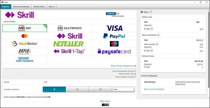 Janela de métodos de pagamento da PokerStars.pt
