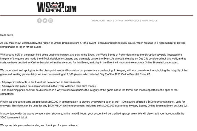 WSOP Online Email Letter