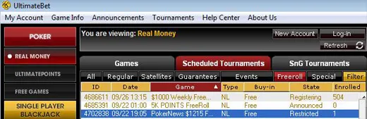 Hoje 23:05 GMT ,215 Freeroll Series na UltimateBet 101