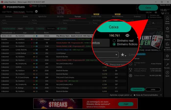 Onde encontrar dinheiro fictício no lobby da PokerStars