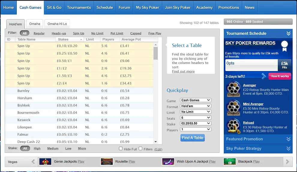 Sky Poker Cash Games