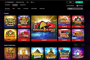 This is PokerStars Casino homepage with the most popular casino games