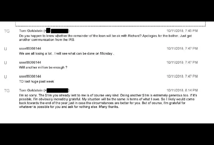 A text exchange between Tom Goldstein and Paul Phua