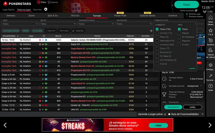 Lobby de Torneios da PokerStars.pt