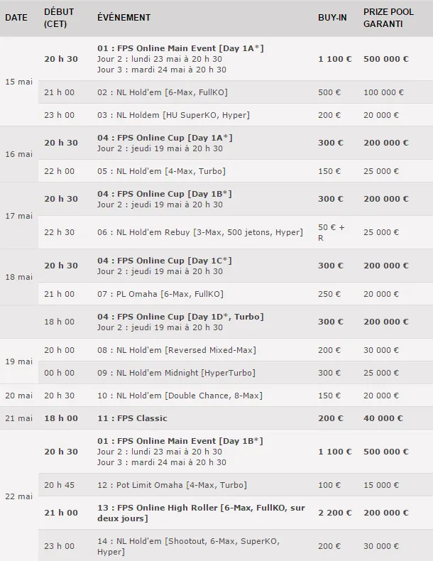 Prochain live à Lille pour les France Poker Series, retour du FPS Online 101