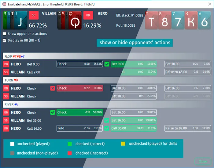Simple GTO Trainer - Evaluating a hand in Regular training