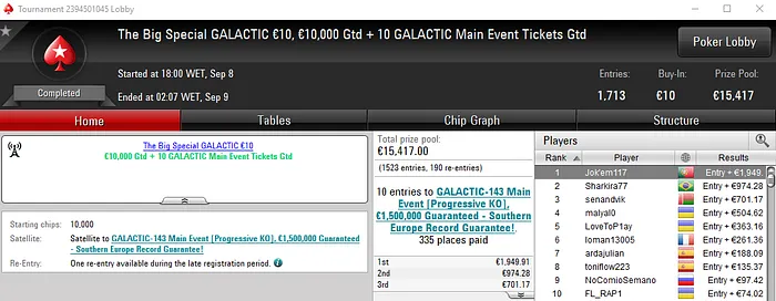 Maior Prémio dos Torneios Regulares da PokerStars.FRESPT para Jok'em117 101