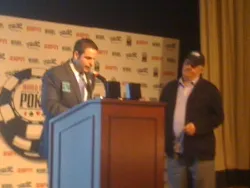 Jack Effel awards Panayote "Peter" Vilandos his WSOP gold bracelet