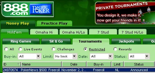 0 PokerNews Cash Freeroll Series na 888 Poker 101