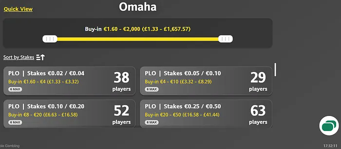 Bet365 Omaha Poker cash game lobby