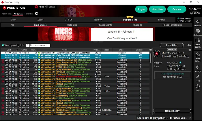 Calendario MicroMillions 2021 PokerStrars Portugal