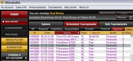 Freerolls Ultimate Bet Poker  : 1.530$ offert aux joueurs de PokerNews 101