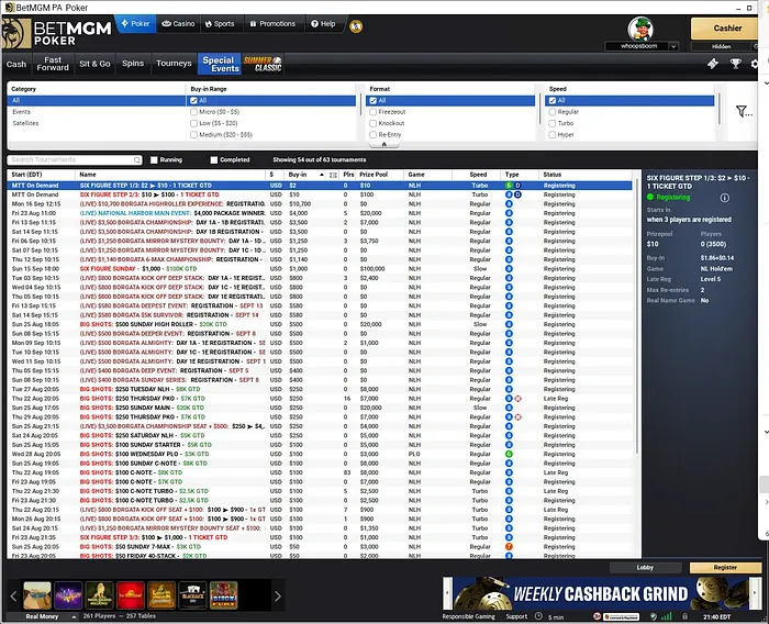 BetMGM NJ tournament lobby