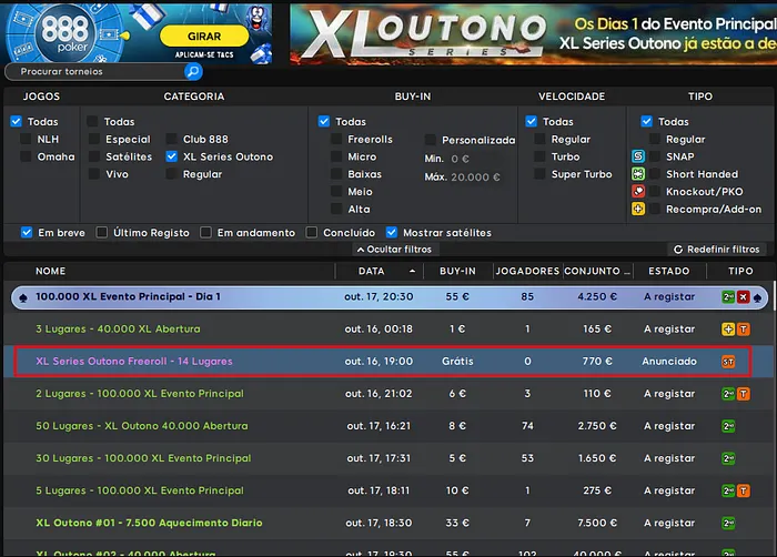 freerolls diários XL Series Outono 888poker