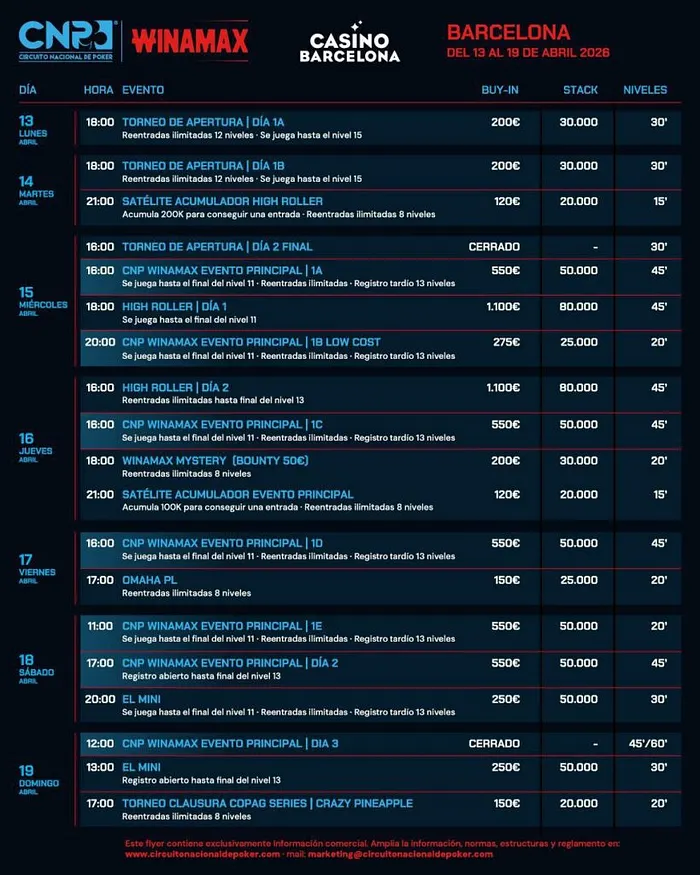 Calendário CNP Winamax Barcelona 2026