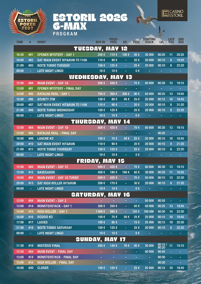 Calendário completo do Winamax Estoril Poker Fest 2026