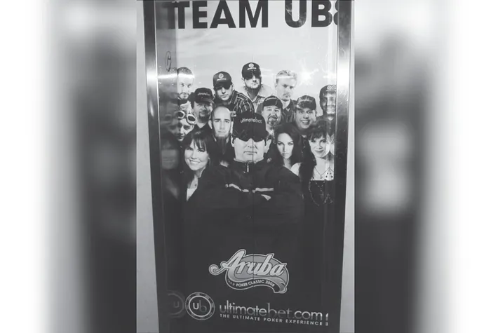 A promo photo for Ultimate Bet. Scott Ian's poker coaches Phil Hellmuth and Annie Duke are in the foreground (Courtesy Scott Ian)