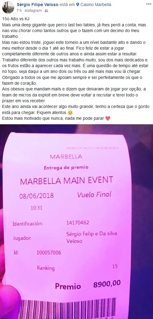 Sérgio Veloso 15º e Júnior Braz 16º no PokerStars Festival Marbella 101