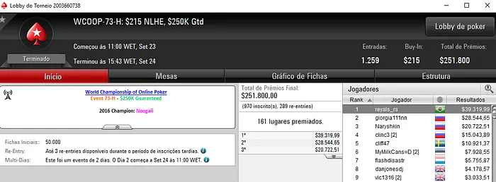 WCOOP: Yuri Martins Vice no Evento #75 High; reyals_rs e pvigar Conquistam Títulos 101