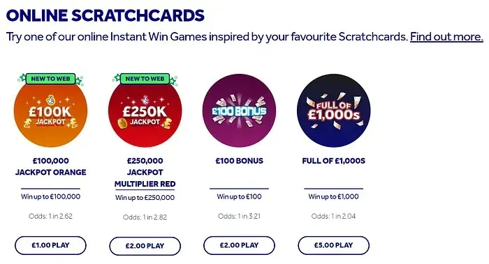 UK National Lottery official scratch cards