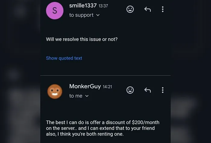 An email exchange between Daniel Smiljkovic and MonkerGuy