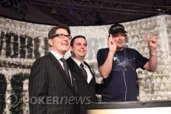 Phil Hellmuth being welcomed to the Champions Invitational by WSOP heads Jeffrey Pollack and Jack Effel