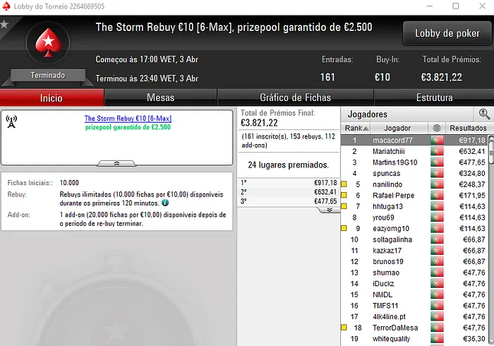 PokerStars.pt: tribetes10 Conquista The Hot BigStack Turbo €50 & Mais 103
