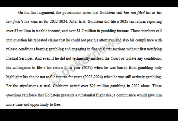 A court document referencing Tom Goldstein's 2025 gambling winnings