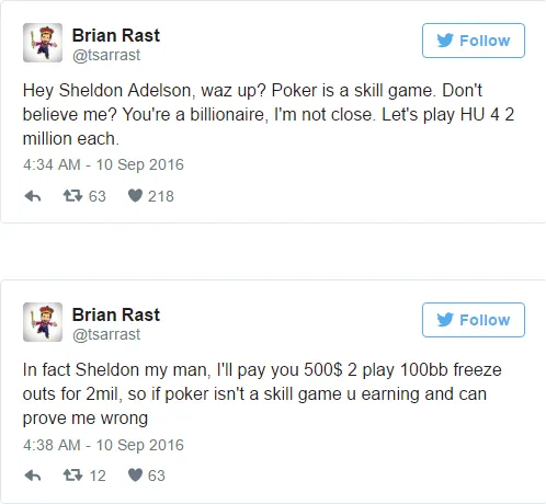 Brian Rast Desafia Sheldon Adelson para um Heads-Up de  Milhões 101