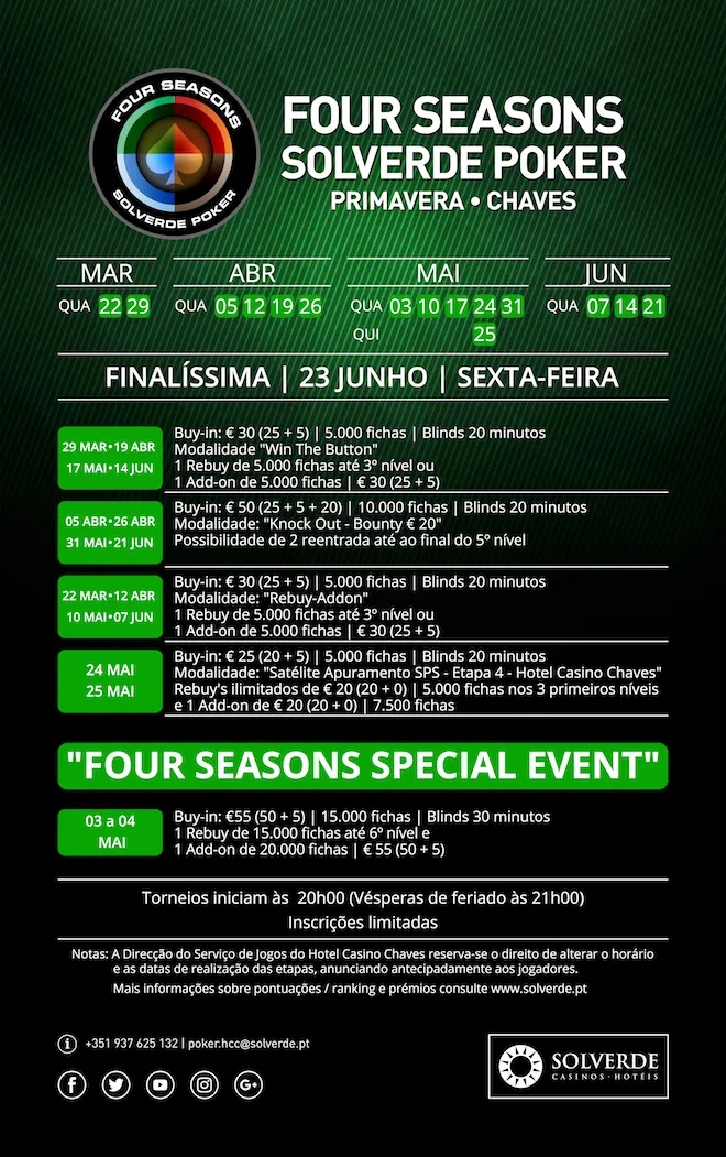 Four Seasons Solverde Poker Primavera de 22 de Março a 21 de Junho no Hotel Casino Chaves 101