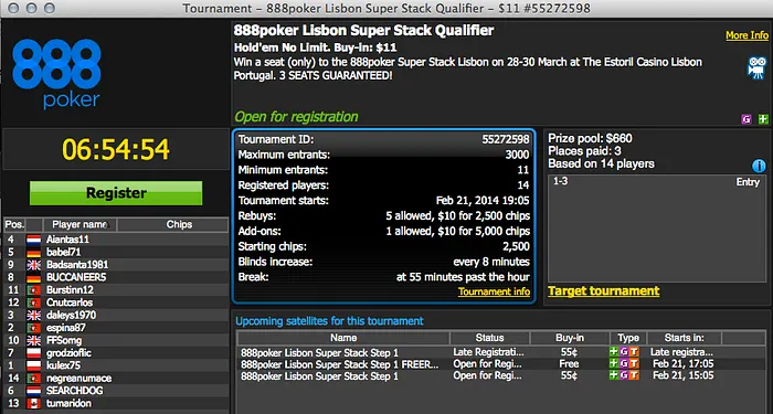 Hoje às 19:05 - Satélite 888poker para o Portugal Super Stack 101