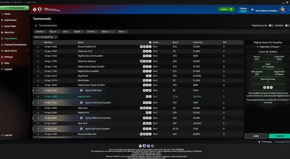 PokerStars Exclusively on FanDuel Tournament Lobby