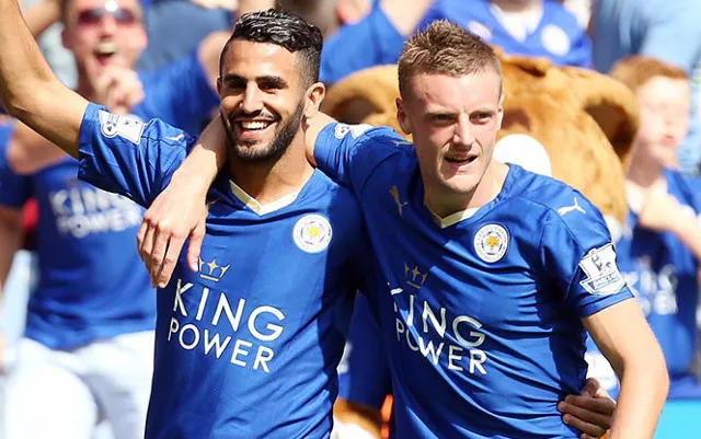 Leicester City's Riyad Mahrez and Jamie Vardy