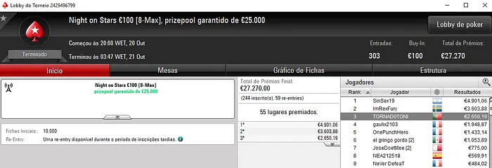 Bronze para TORNAD0TONI no Night on Stars €100 da PokerStars.FRESPT 101
